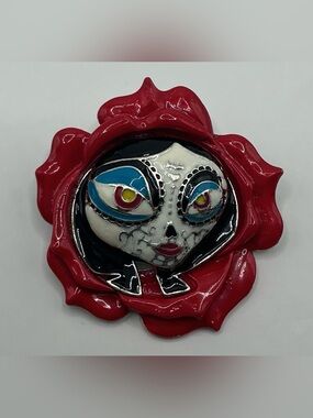 FLORAL RED DAY OF THE DEAD WOMAN BROOCH DIA DE LA RAZA NWOT